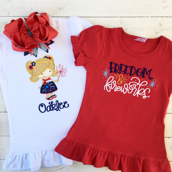 Freedom and Fireworks Embroidered Sparkler Girl Peek-A-Boo Short Set