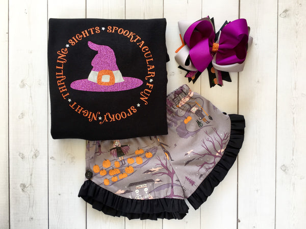 Glitter Witch Hat and Friends Ruffle Short Set