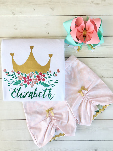 Gorgeous princess outfit for girls, toddlers and babies. Gold crown covered in glitter pink flowers customized with full name. Pink petal custom shorts are perfection!