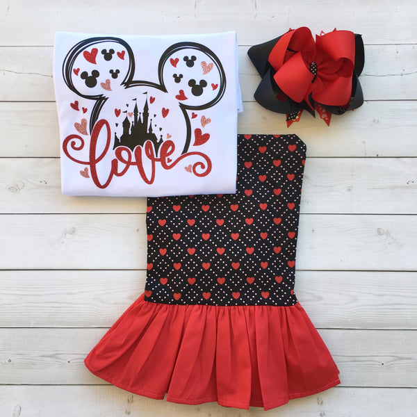 Loving The Castle Glitter Valentine Shirt and Black/Red Hearts Single Ruffle Pant Set