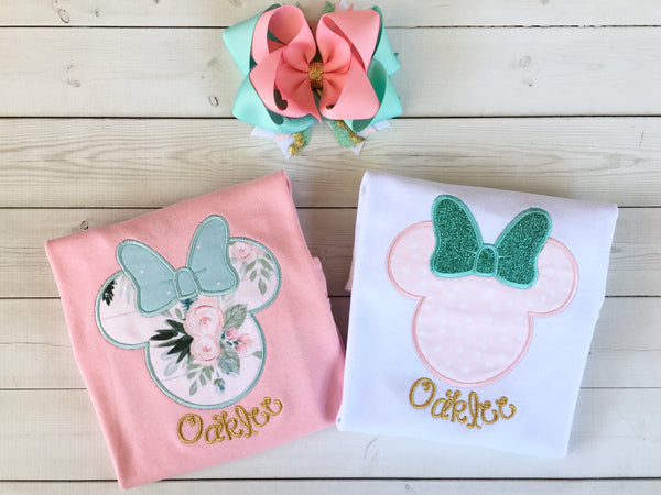 Gorgeous Disney outfit for girls, toddlers and babies. Minnie-like silhouette done in pretty pink flower petals and aqua glitter bow. 