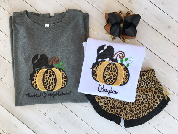 Girls Leopard Embroidered Pumpkin Ruffle Shortie Set