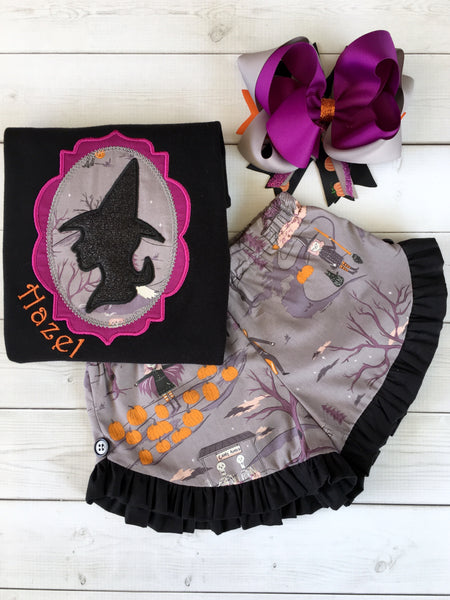 Embroidered Glitter Witch and Friends Ruffle Short Set