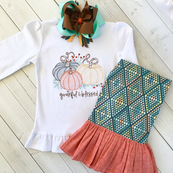 Grateful Embroidered Pumpkin Single Ruffle Pant Set