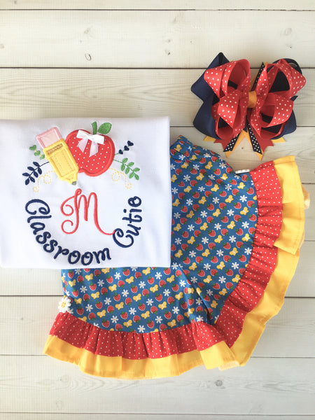 Classroom Sweetie Embroidered Frame Ruffle Short Set