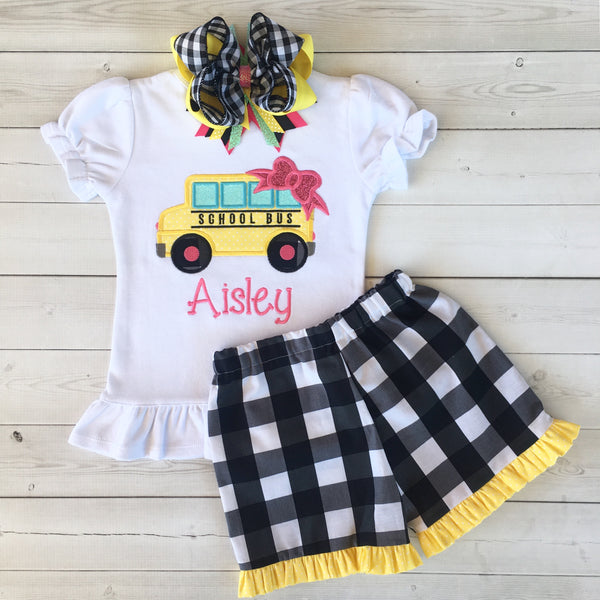 Little Miss Back To School Embroidered Bus Basic Ruffle Short Set