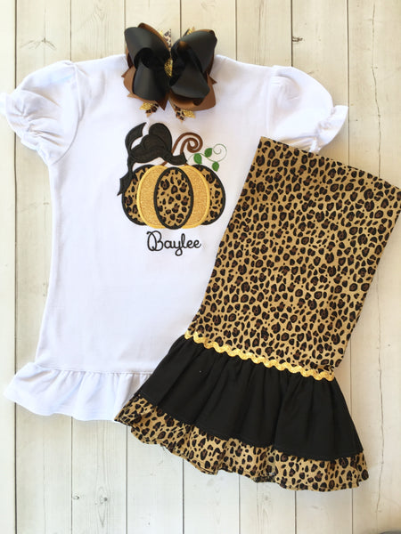 Girls Leopard Embroidered Pumpkin Double Ruffle Pant Set