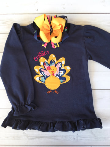 Thankful Embroidered Girl Turkey Shirt ONLY