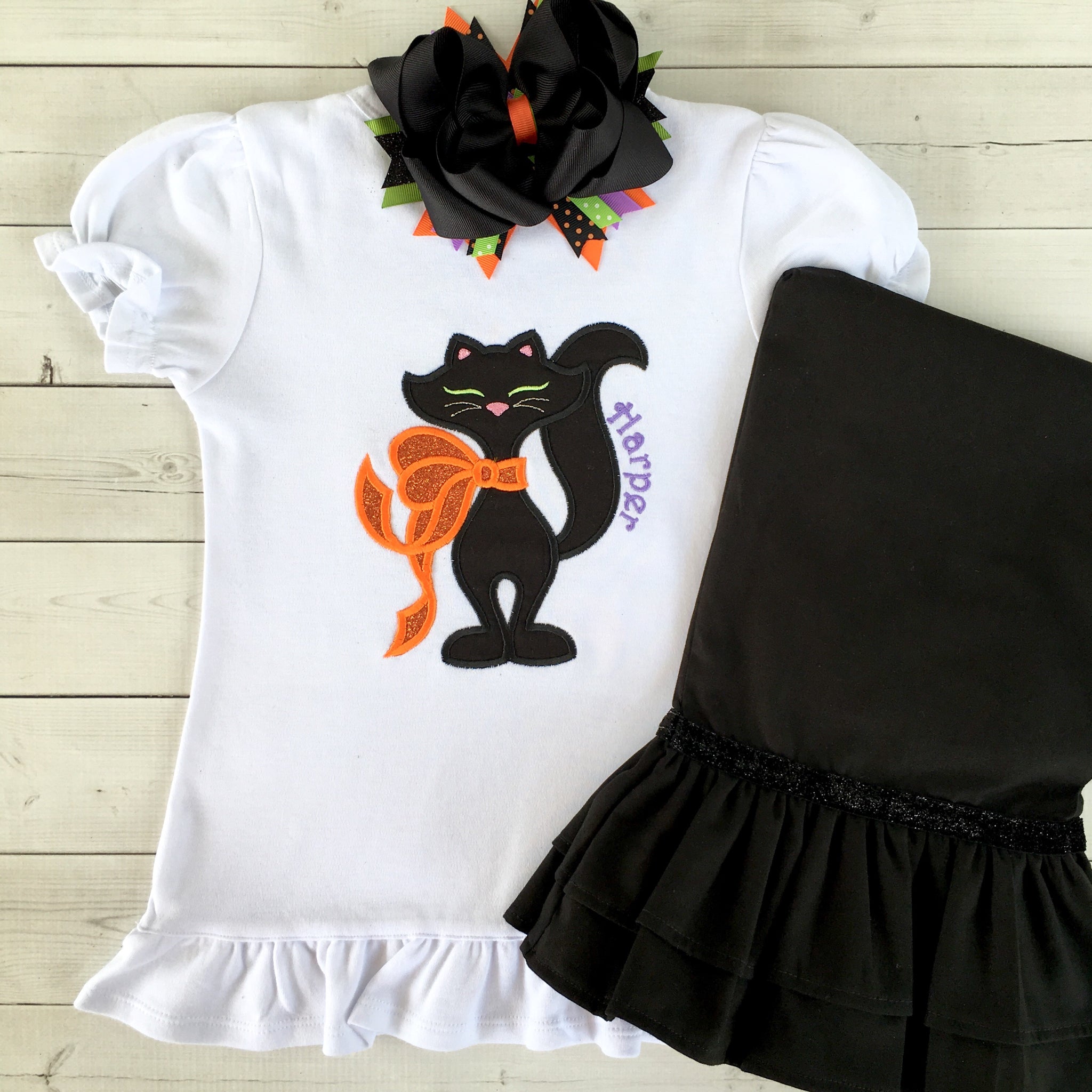 Black Cat Beauty Embroidered Double Ruffled Pant Set