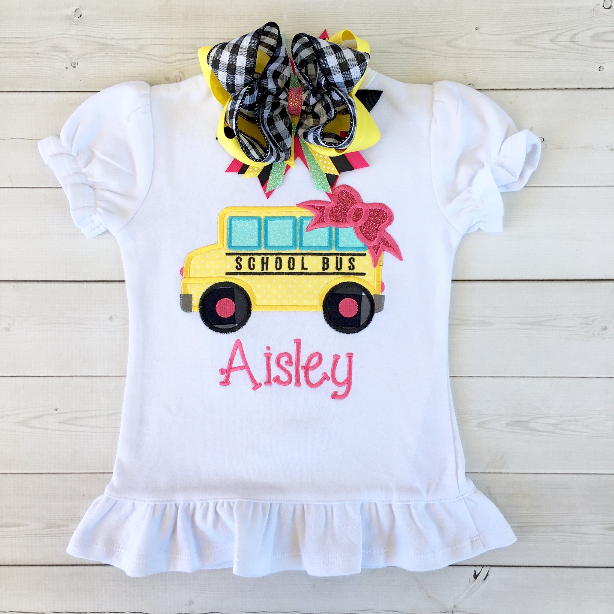 Little Miss Back To School Embroidered Bus SHIRT ONLY