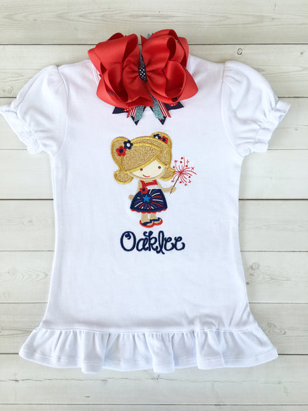Freedom and Fireworks Embroidered Sparkler Girl SHIRT ONLY