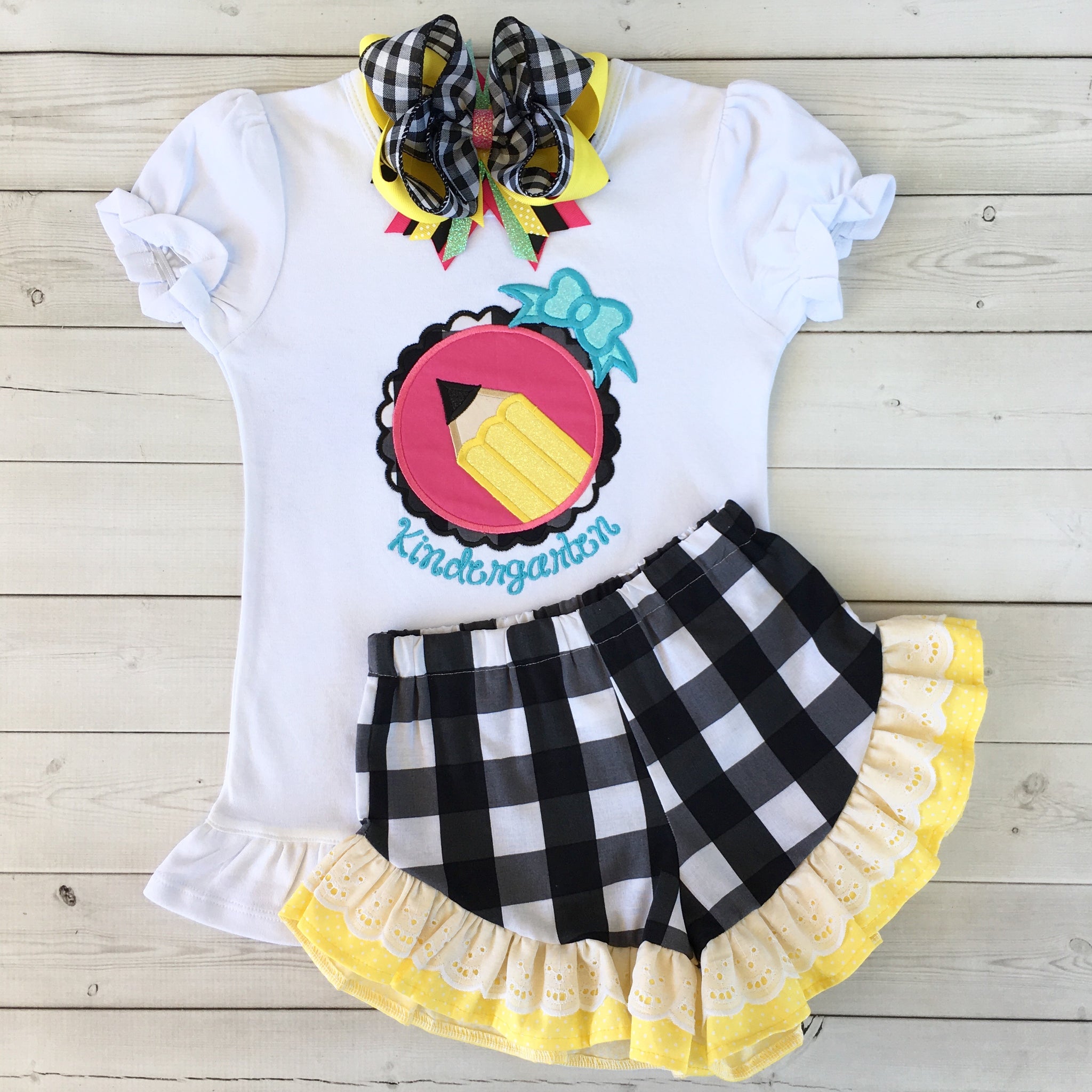 Little Miss Back To School Embroidered Pencil Ruffle Short Set