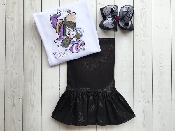 Good Little Witch Embroidered Sketch and Single Ruffle Pant Set