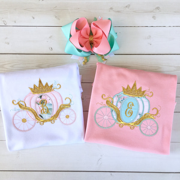 Gorgeous princess shirt for girls, toddlers and babies. Cinderella -inspired carriage topped with glitter crown, custom with first initial in the center. 