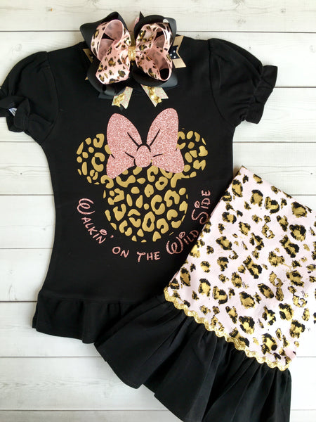 Walkin' On the Wild Side Girl's Cheetah Glitter Mouse Single Ruffled Pant Set