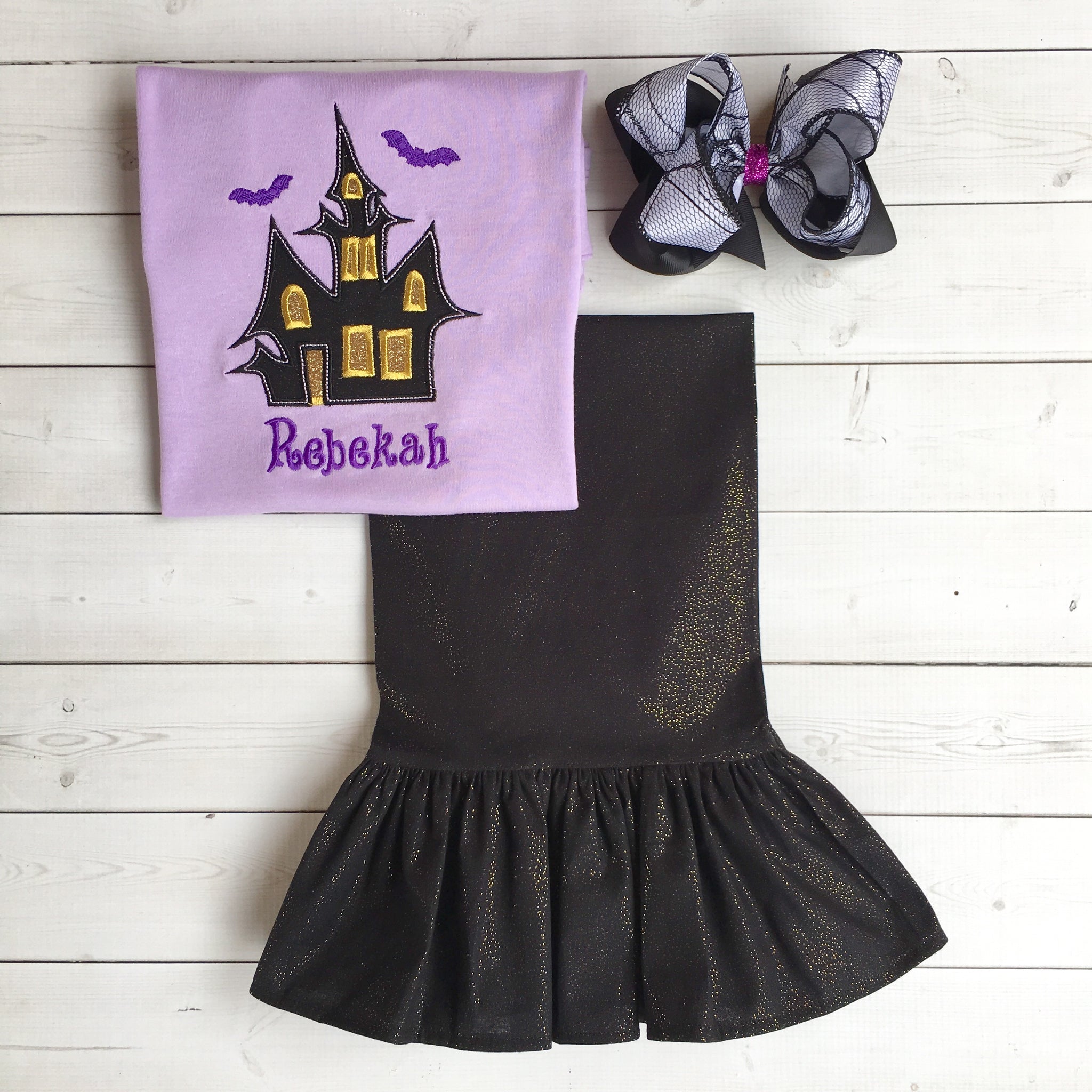 Embroidered Haunted House and Single Ruffle Pant Set