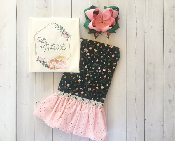 Embroidered Pumpkin Frame Single Ruffle Pant Set