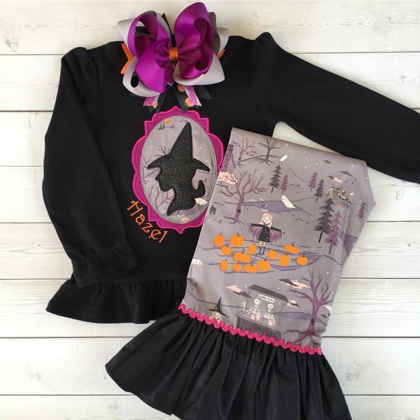 Embroidered Glitter Witch and Friends Single Ruffle Pant Set