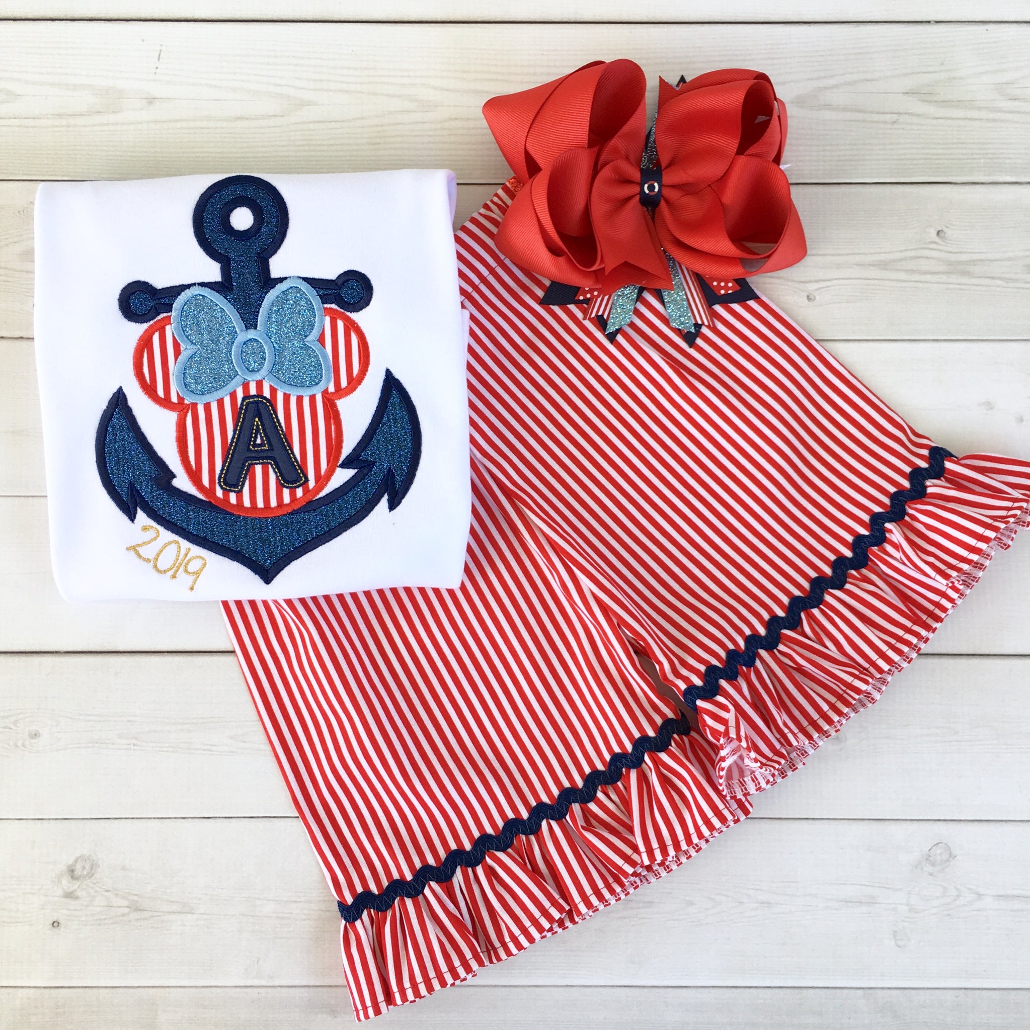 Cruisin' On The High Seas- Embroidered "Mouse Anchor" Traditional Striped Shortie with Ruffle