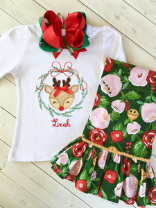 Girls Holly Jolly Reindeer Shirt and Ruffle Pant Set