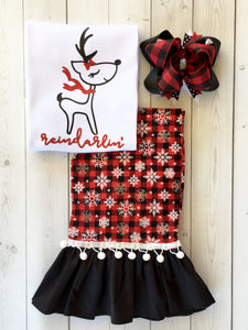 Reindarlin' Girls Shirt and Red Buffalo Plaid Single Ruffle Pant Set