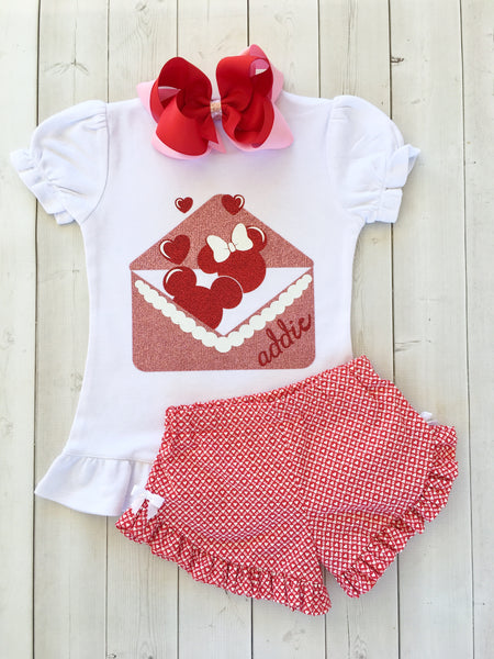 Mouse Valentine Glitter Shirt and Ruffle Shortie Set
