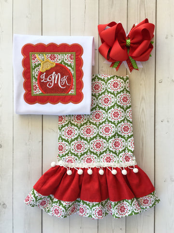 Christmas Ornament Embroidered Frame Double Ruffle Pant Set