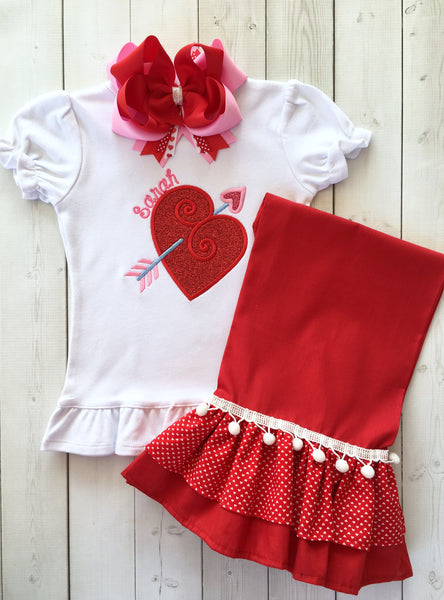 Embroidered Valentine Heart Double Ruffle Pant Set