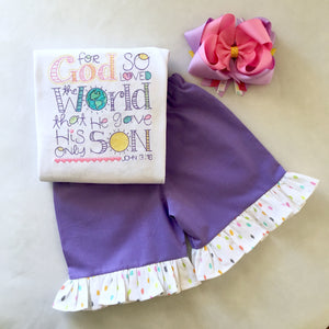 God So Loved Embroidered Basic Ruffled Short Set