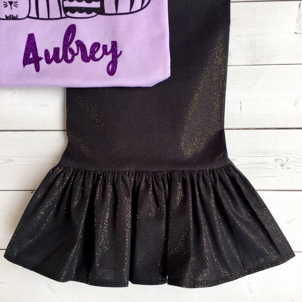 Glitter Halloween Cats and Pumpkins Single Ruffle Pant Set
