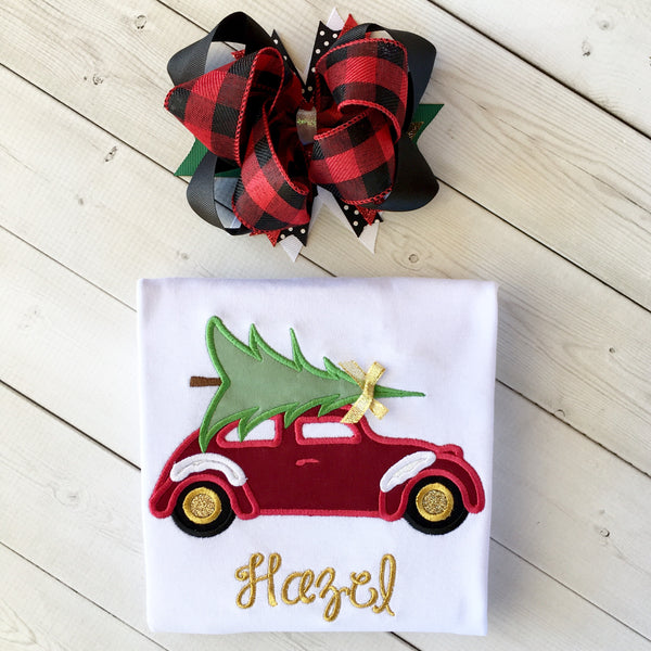 Vintage Christmas Car Embroidered Ruffle Pant Set