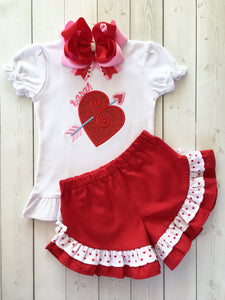 Embroidered Valentine Heart Ruffle Shortie Set