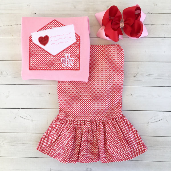 Embroidered Valentine Letter Shirt and Ruffle Pant Set