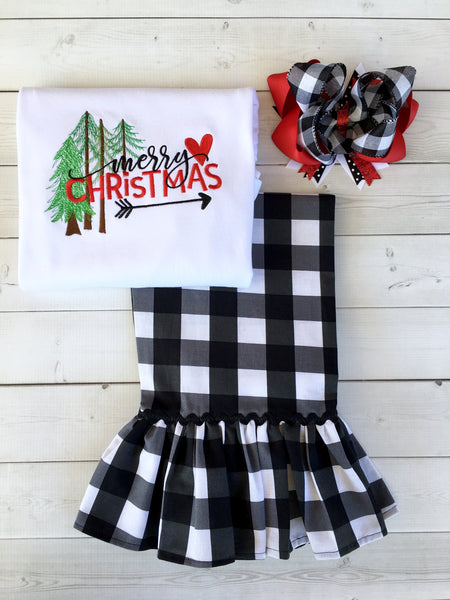 Merry Christmas Pines Embroidered Shirt and White Buffalo Plaid Ruffle Pant Set