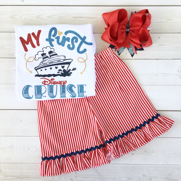 Cruisin' On The High Seas- "Cruise Ship" Glitter Traditional Striped Ruffle Shortie Set