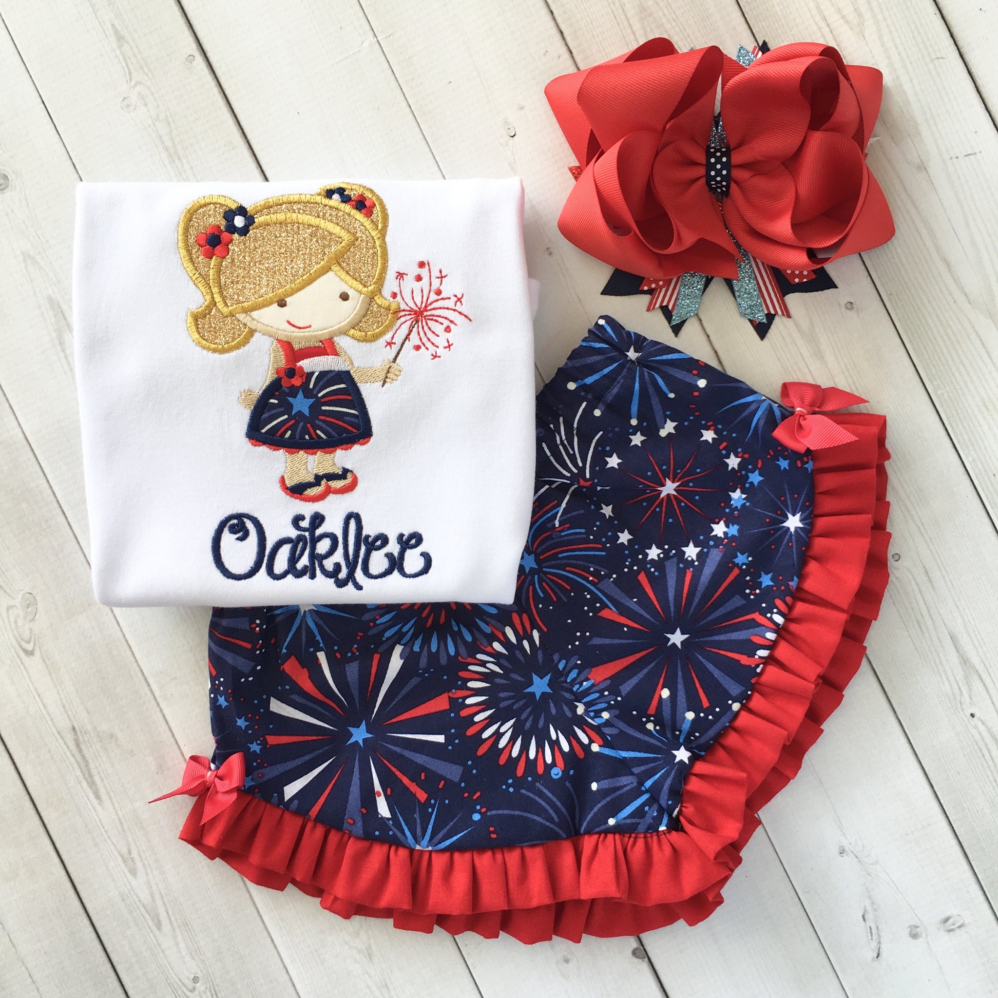 Freedom and Fireworks Embroidered Sparkler Girl Ruffle Short Set