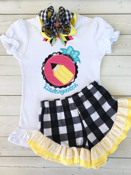Little Miss Back To School Embroidered Pencil Ruffle Short Set