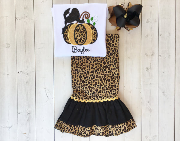 Girls Leopard Embroidered Pumpkin Double Ruffle Pant Set