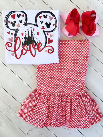 Loving The Castle Glitter Valentine Shirt and Red/Pink Hearts Single Ruffle Pant Set