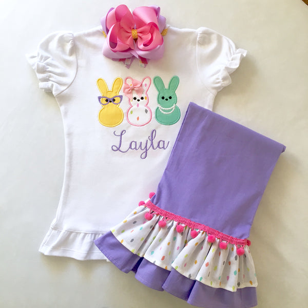 Bunny Peeps Embroidered Double Ruffle Pant Set