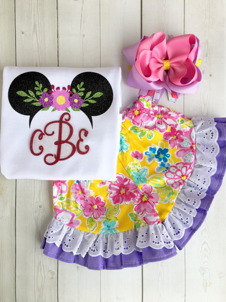 Spring Glitter Mouse With Floral Crown Shirt & Ruffle Short Set