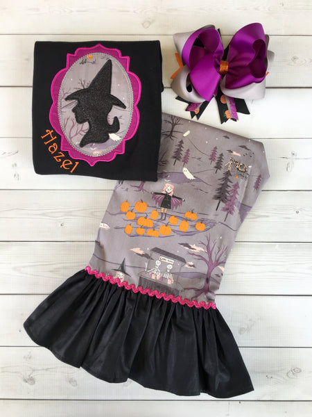 Embroidered Glitter Witch and Friends Single Ruffle Pant Set