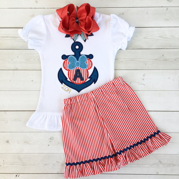 Cruisin' On The High Seas- Embroidered "Mouse Anchor" Traditional Striped Shortie with Ruffle