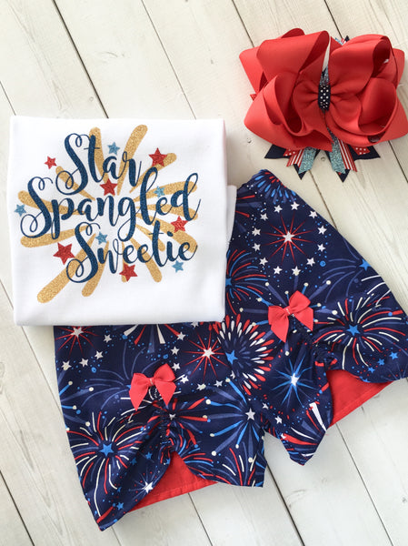 Freedom and Fireworks Star Spangled Sweetie Girl Glitter Peek-A-Boo Short Set