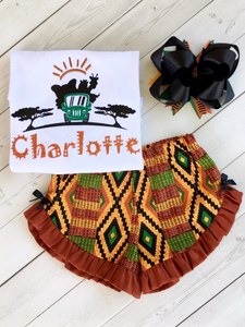 Kente Glitter Safari Friends Girls Shirt and Ruffle Shortie Set