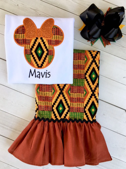 Kente Girls Embroidered Mouse Shirt and Ruffle Pant Set