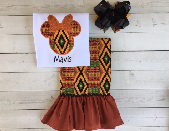 Kente Girls Embroidered Mouse Shirt and Ruffle Pant Set