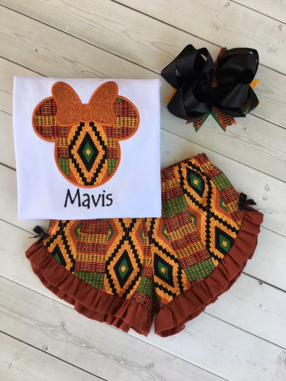 Kente Girls Embroidered Mouse Shirt and Ruffle Shortie Set