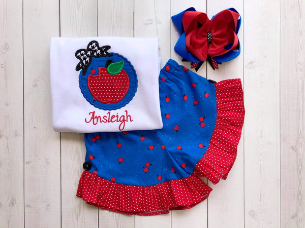 Back To School Embroidered Apple Frame Shirt and Ruffle Short Set