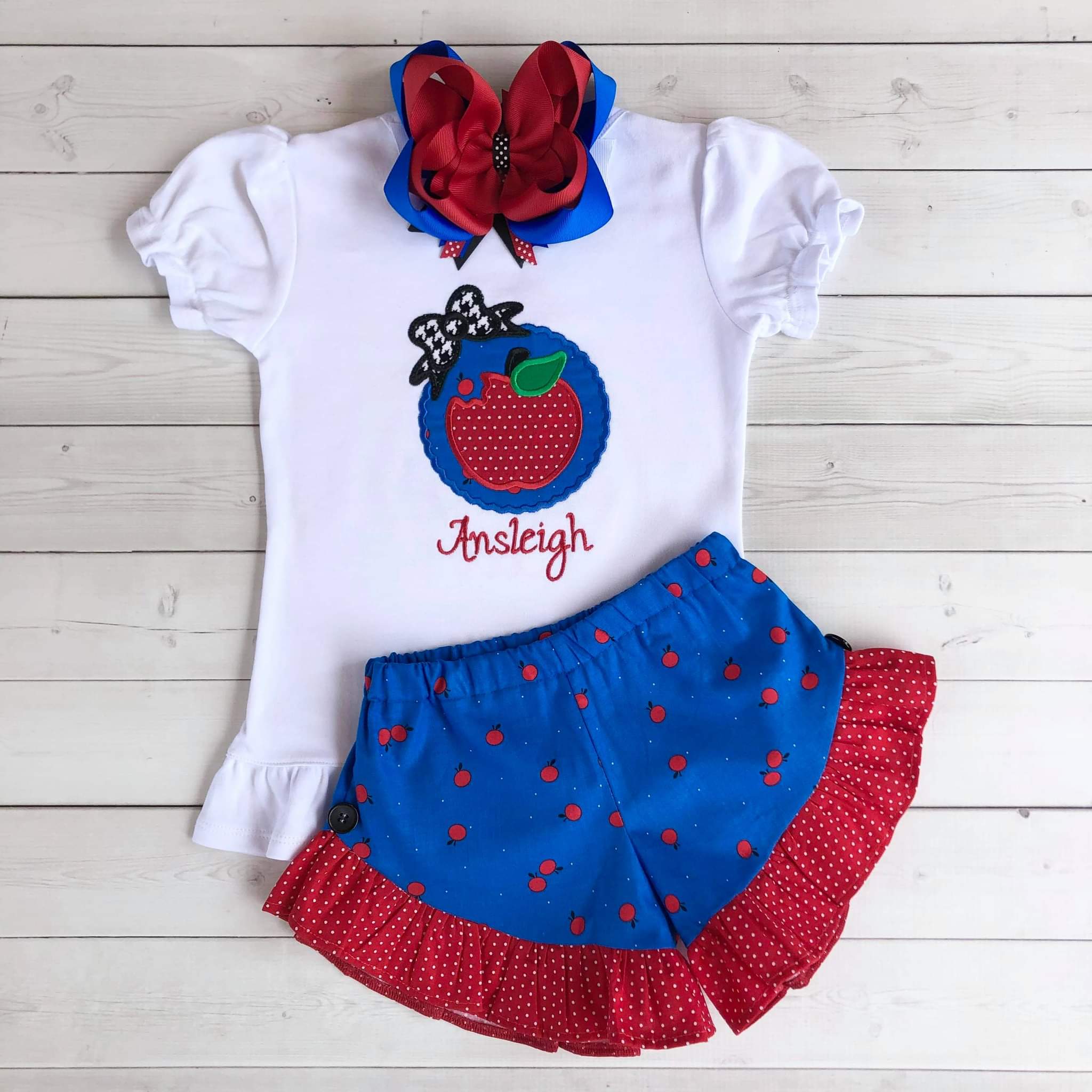 Back To School Embroidered Apple Frame Shirt and Ruffle Short Set